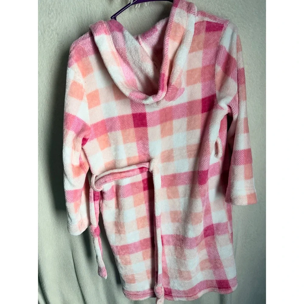 Eddie Bauer Kids Pink Plaid Plush Hooded Robe Size M 10/12 Fleece Bathrobe